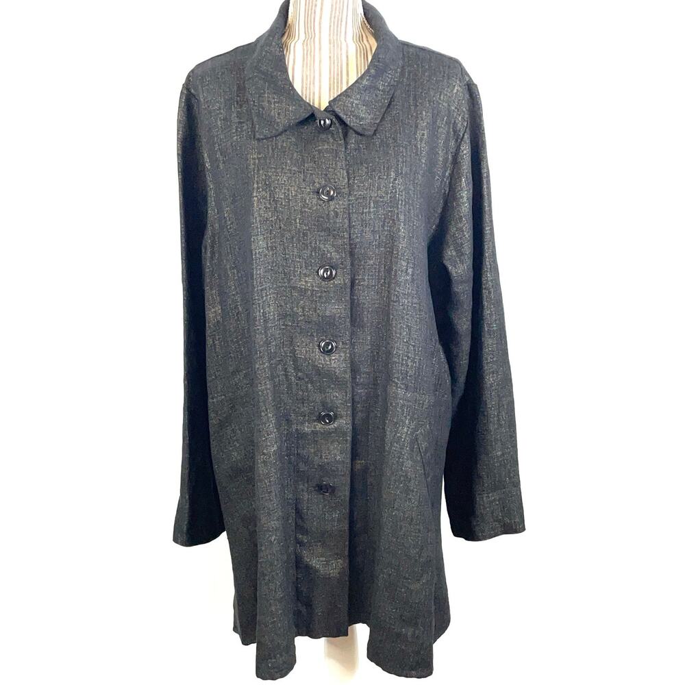 FLAX Black Gold Linen Button Front Swing Coat Jacket Lagenlook Size Large